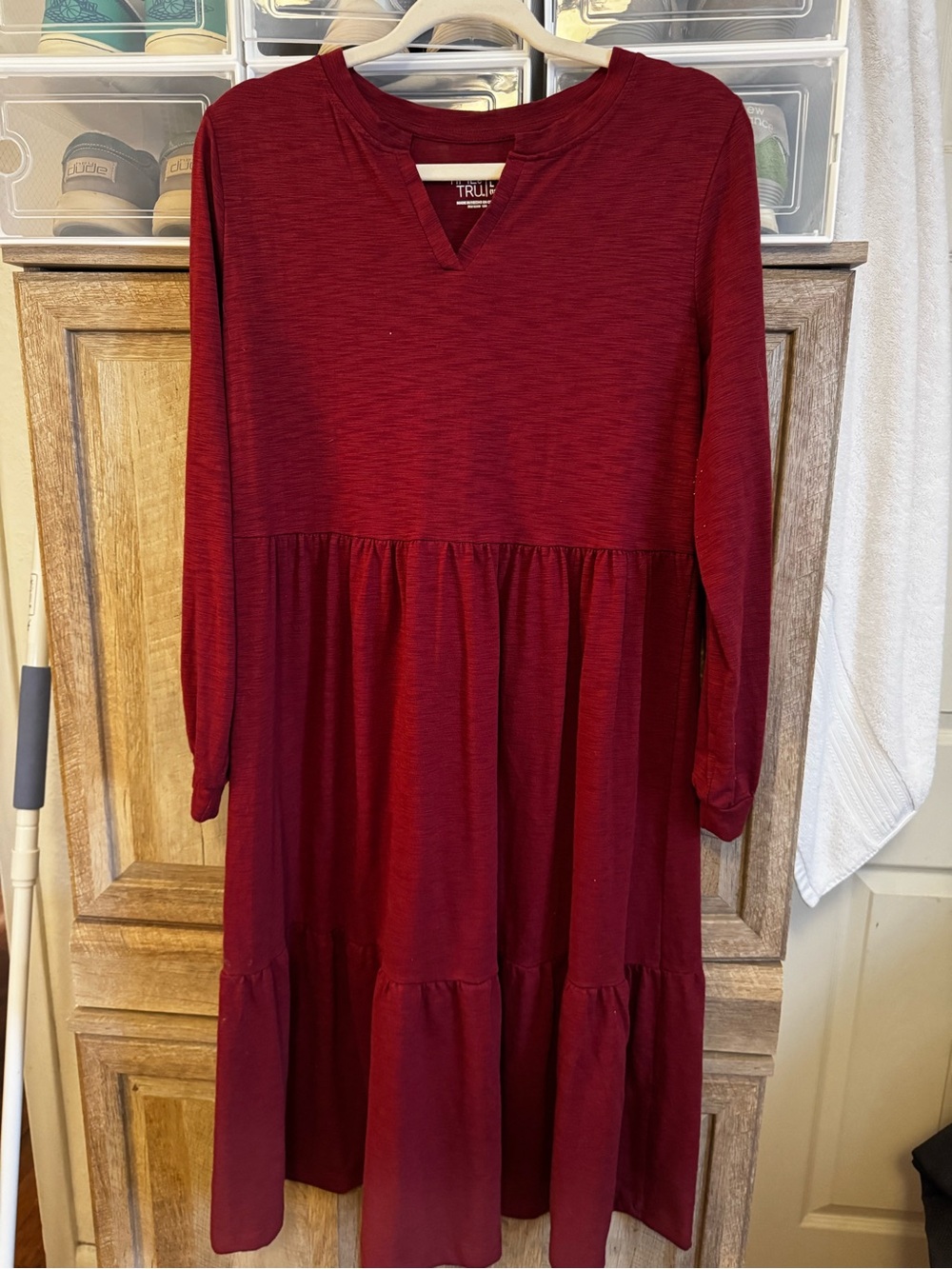 Time and Tru Burgundy Long Sleeve Tiered Midi Dress